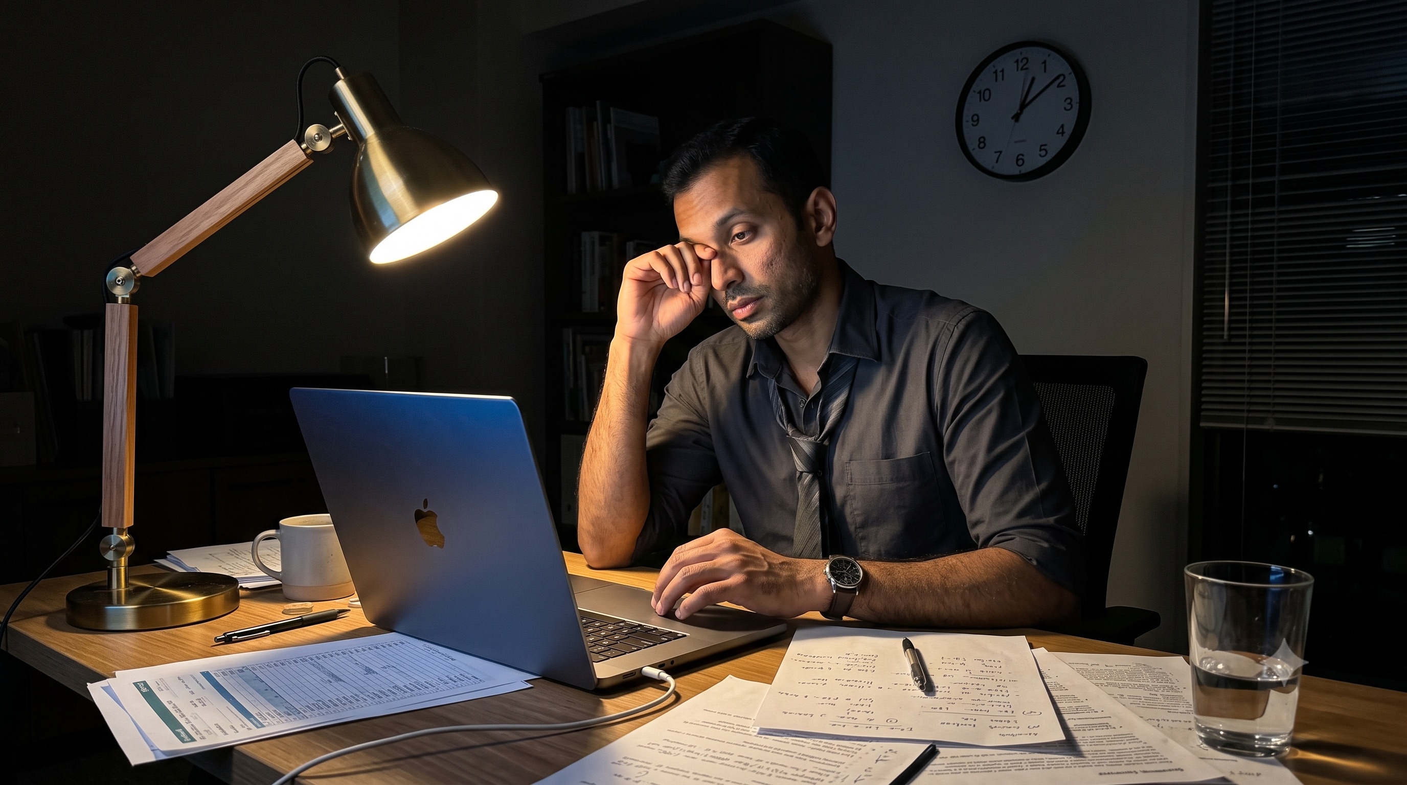A tired founder alone at his desk late at night, lit only by a single lamp and the glow of a laptop.
