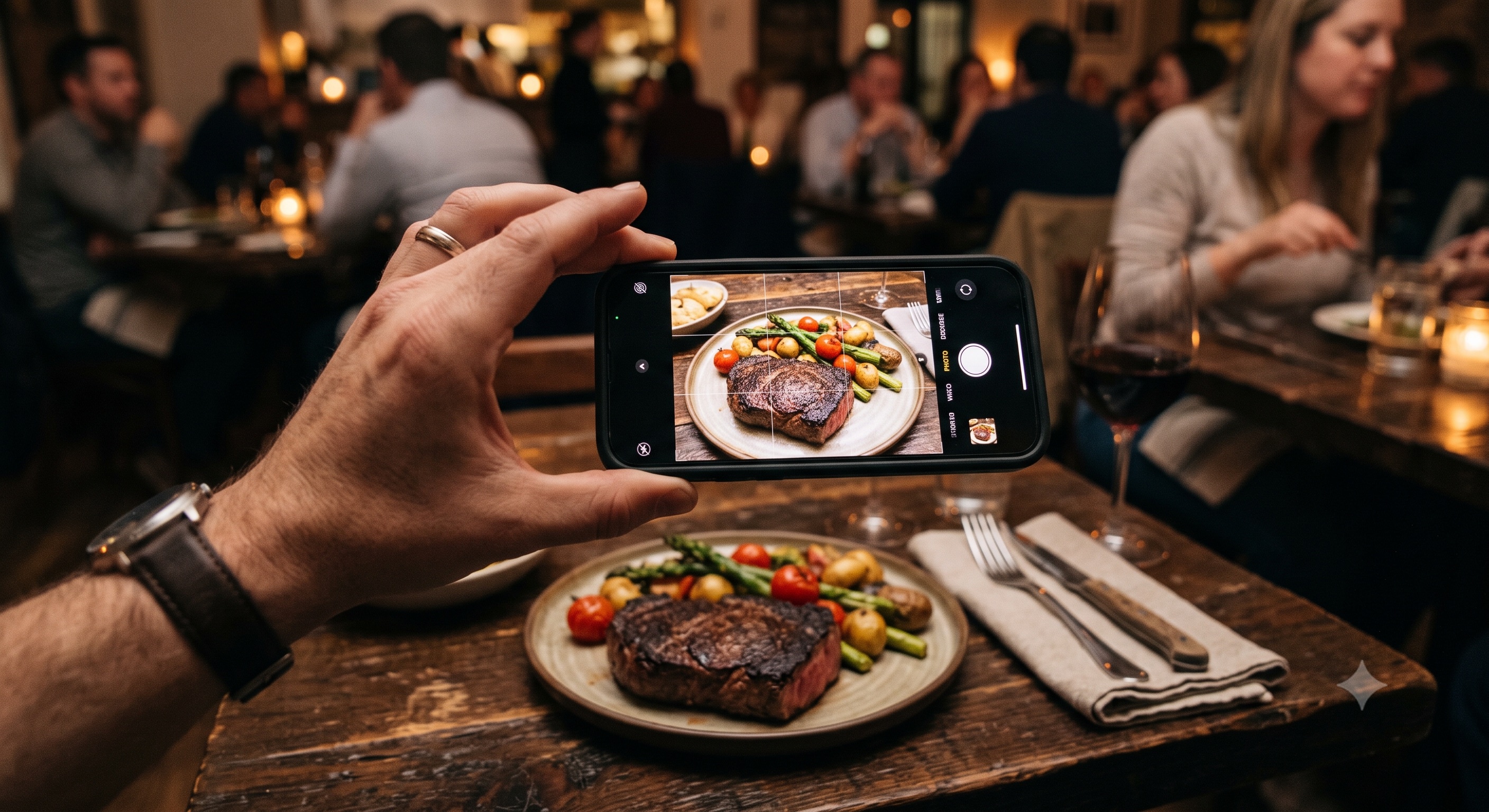 A hand holding a phone photographing a seared steak and grilled vegetables on a dim restaurant table.